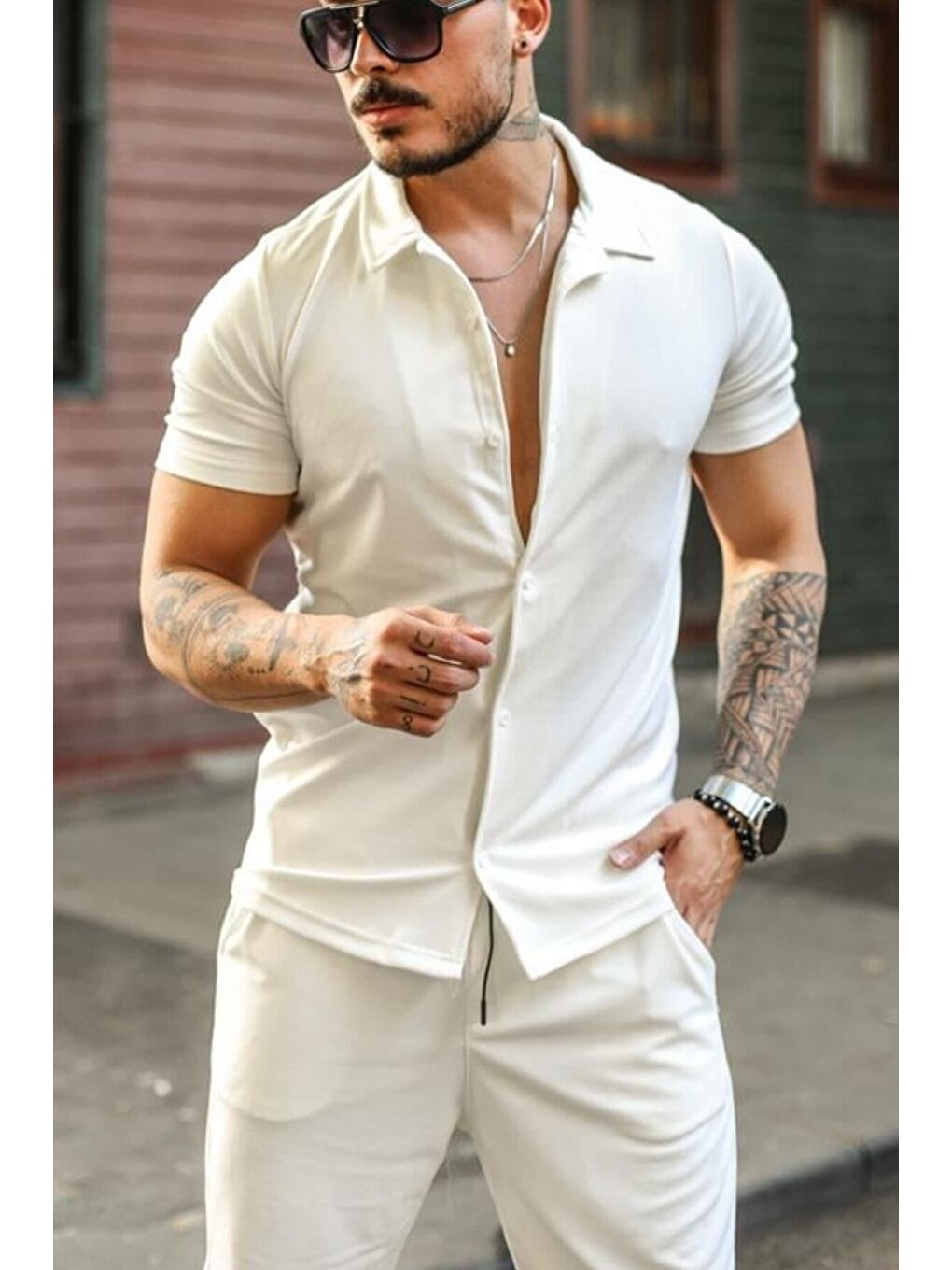 Erkek Beyaz Slim Fit Alt Üst Şort Takım gmlksrt01r01s-2