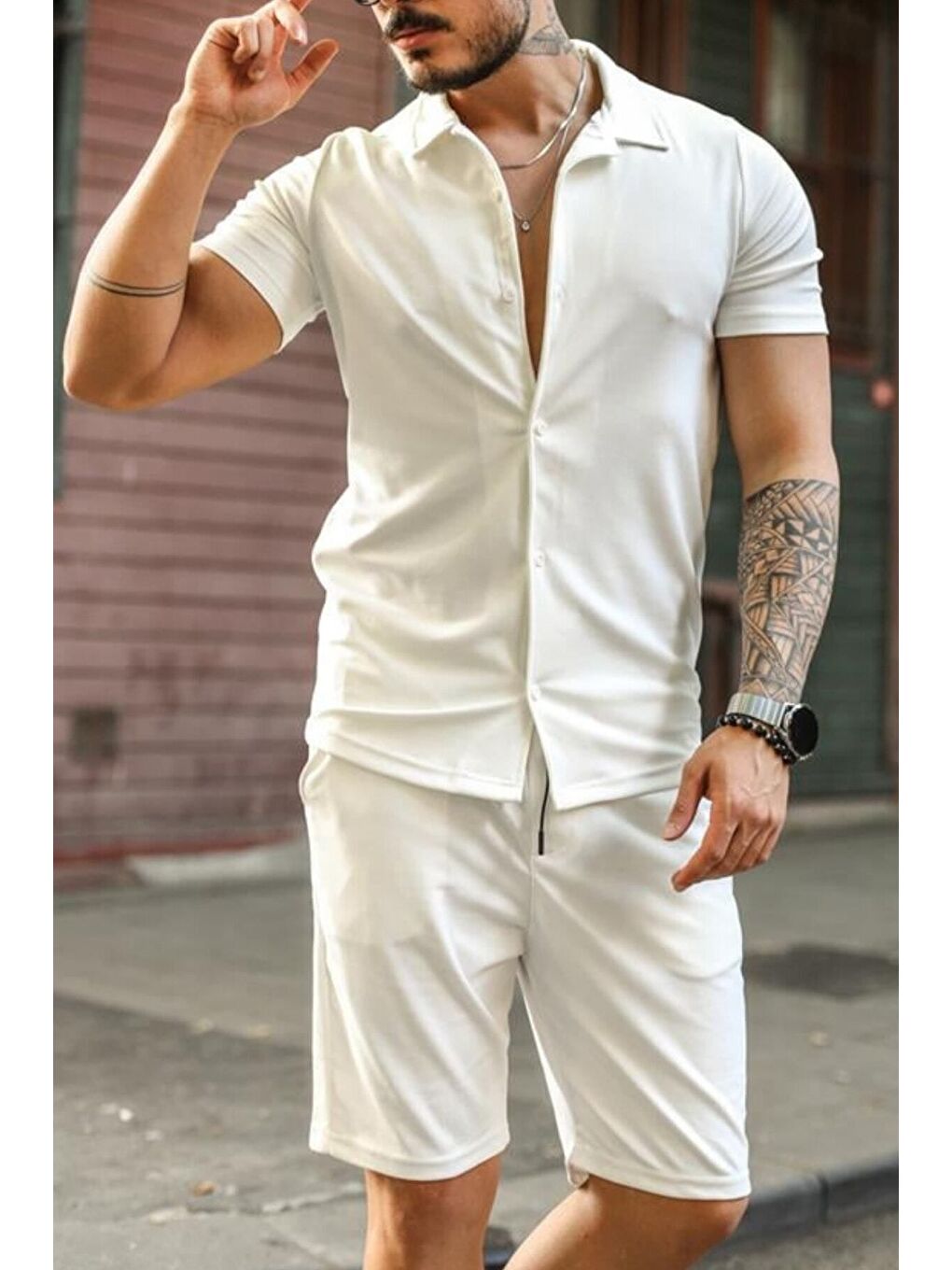 Erkek Beyaz Slim Fit Alt Üst Şort Takım gmlksrt01r01s-4