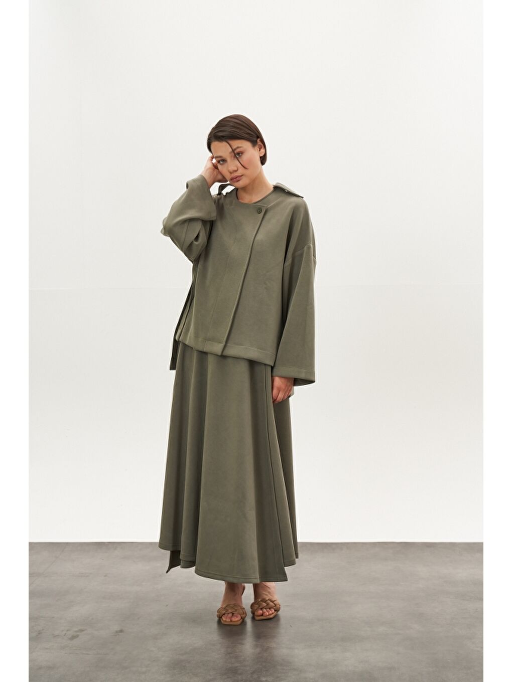 Karışık Kruvaze Modal Etek Ceket Alt Üst Takım Haki-2