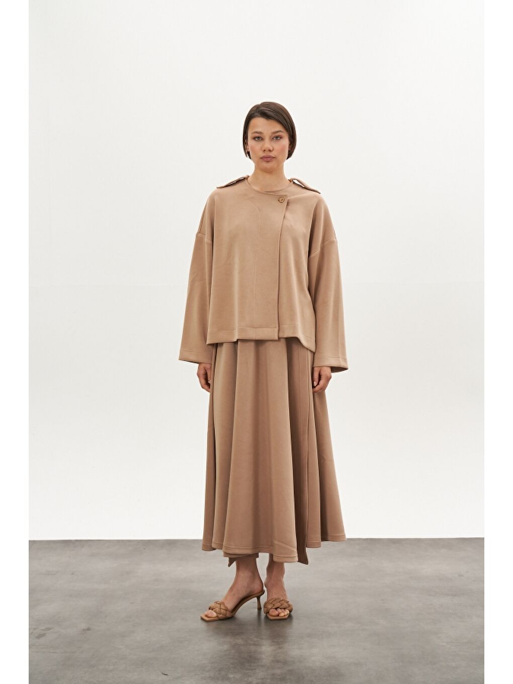 Kahverengi Kruvaze Modal Etek Ceket Alt Üst Takım Camel-1
