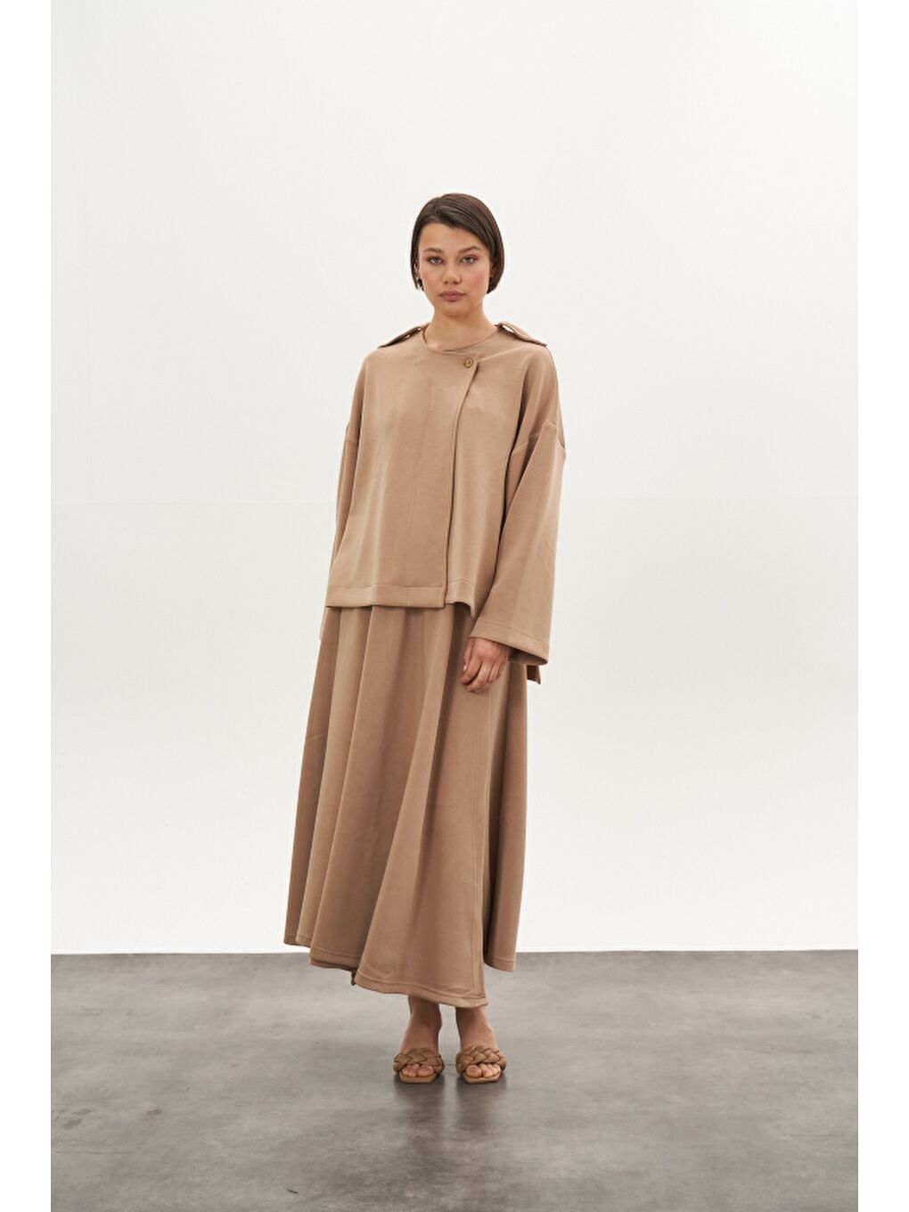 Kahverengi Kruvaze Modal Etek Ceket Alt Üst Takım Camel-2