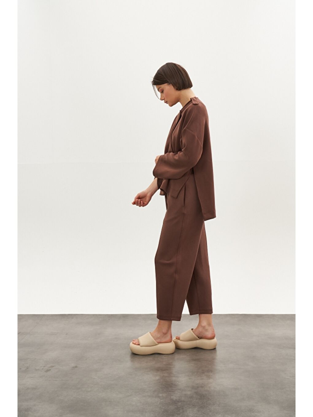 Kahverengi Önü Dikişli Modal Pantolon Ceket Alt Üst Takım Kahve