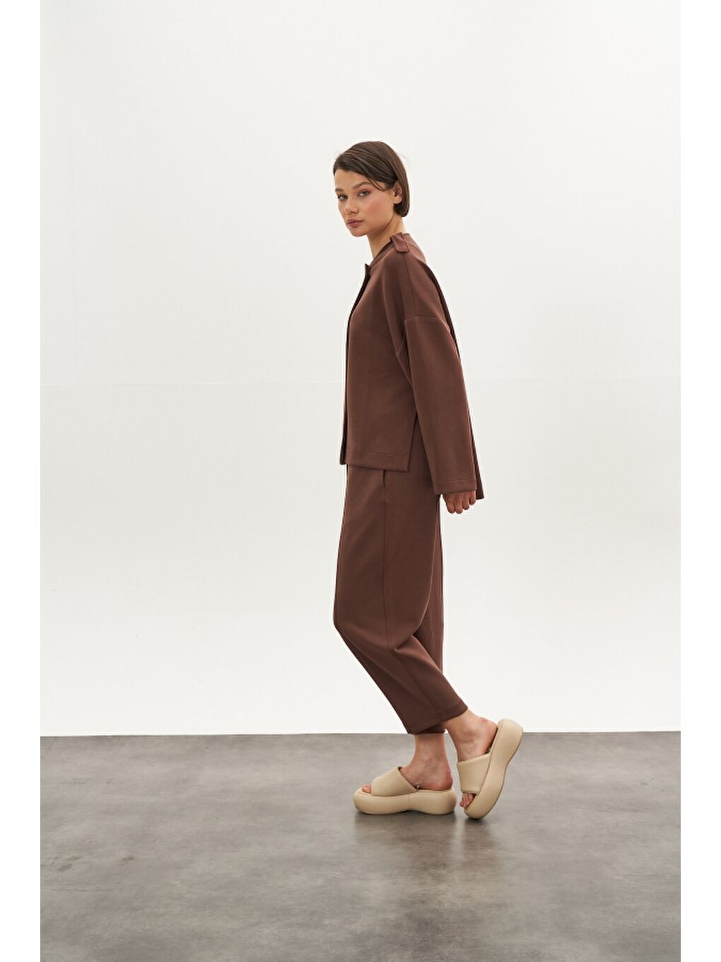 Kahverengi Önü Dikişli Modal Pantolon Ceket Alt Üst Takım Kahve-1