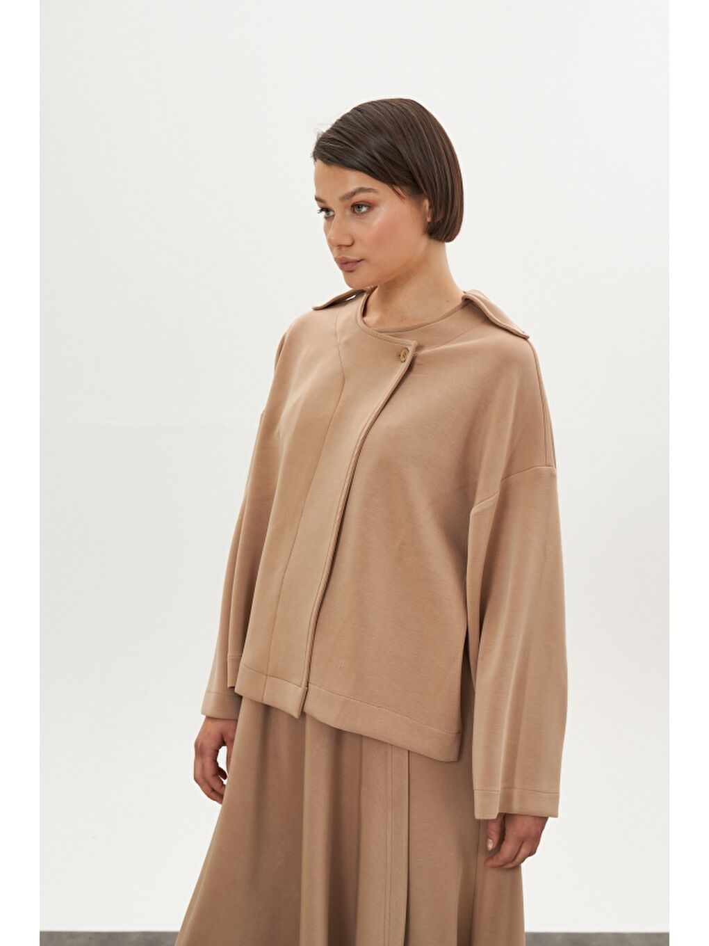 Kahverengi Kruvaze Modal Etek Ceket Alt Üst Takım Camel-4