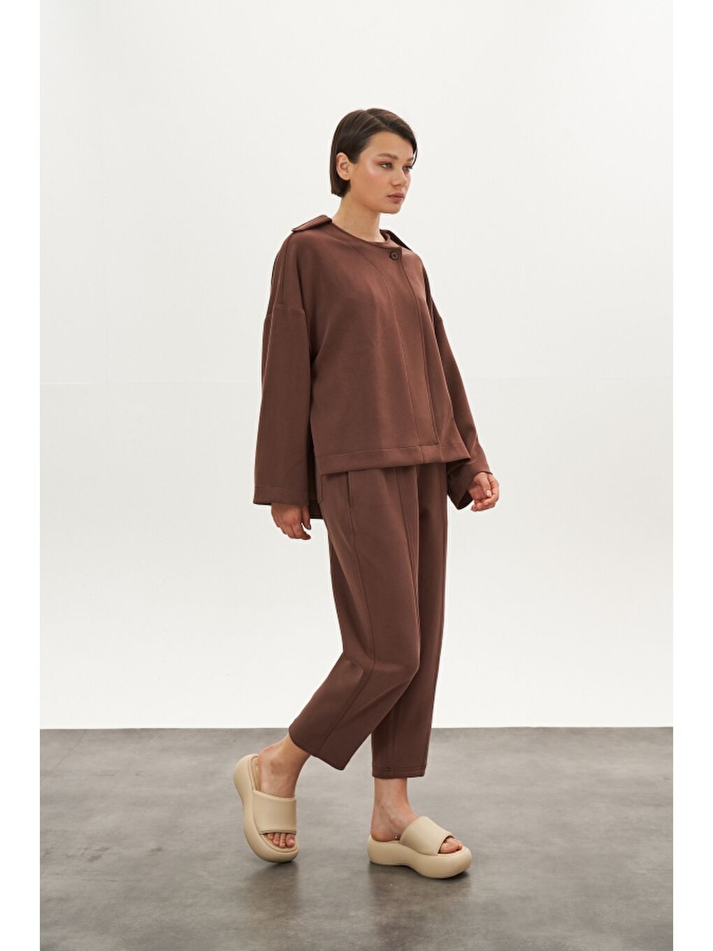 Kahverengi Önü Dikişli Modal Pantolon Ceket Alt Üst Takım Kahve-2