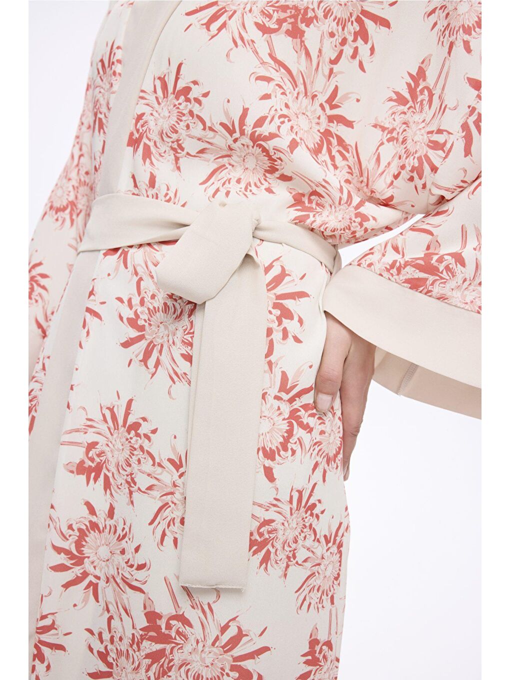 Bej Pembe Çiçek Desenli Uzun Kimono 5043-2
