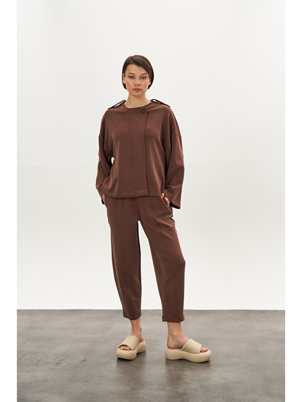 Kahverengi Önü Dikişli Modal Pantolon Ceket Alt Üst Takım Kahve-3