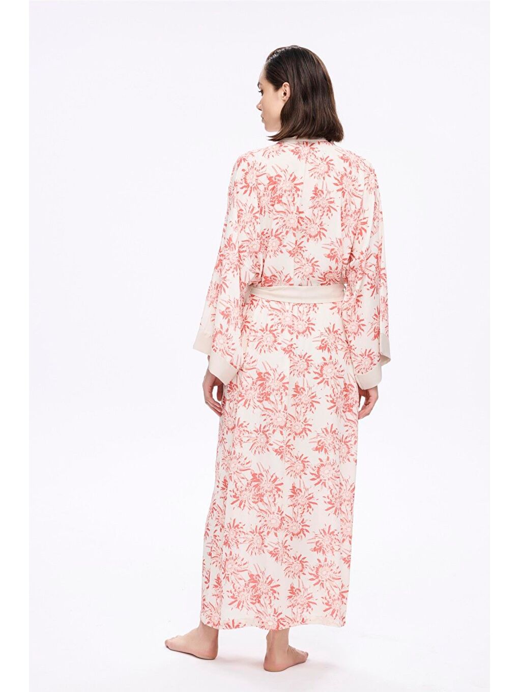 Bej Pembe Çiçek Desenli Uzun Kimono 5043-3