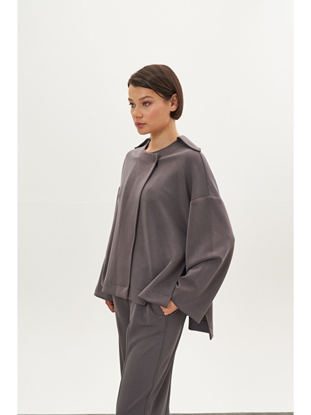 Önü Dikişli Modal Pantolon Ceket Alt Üst Takım Gri