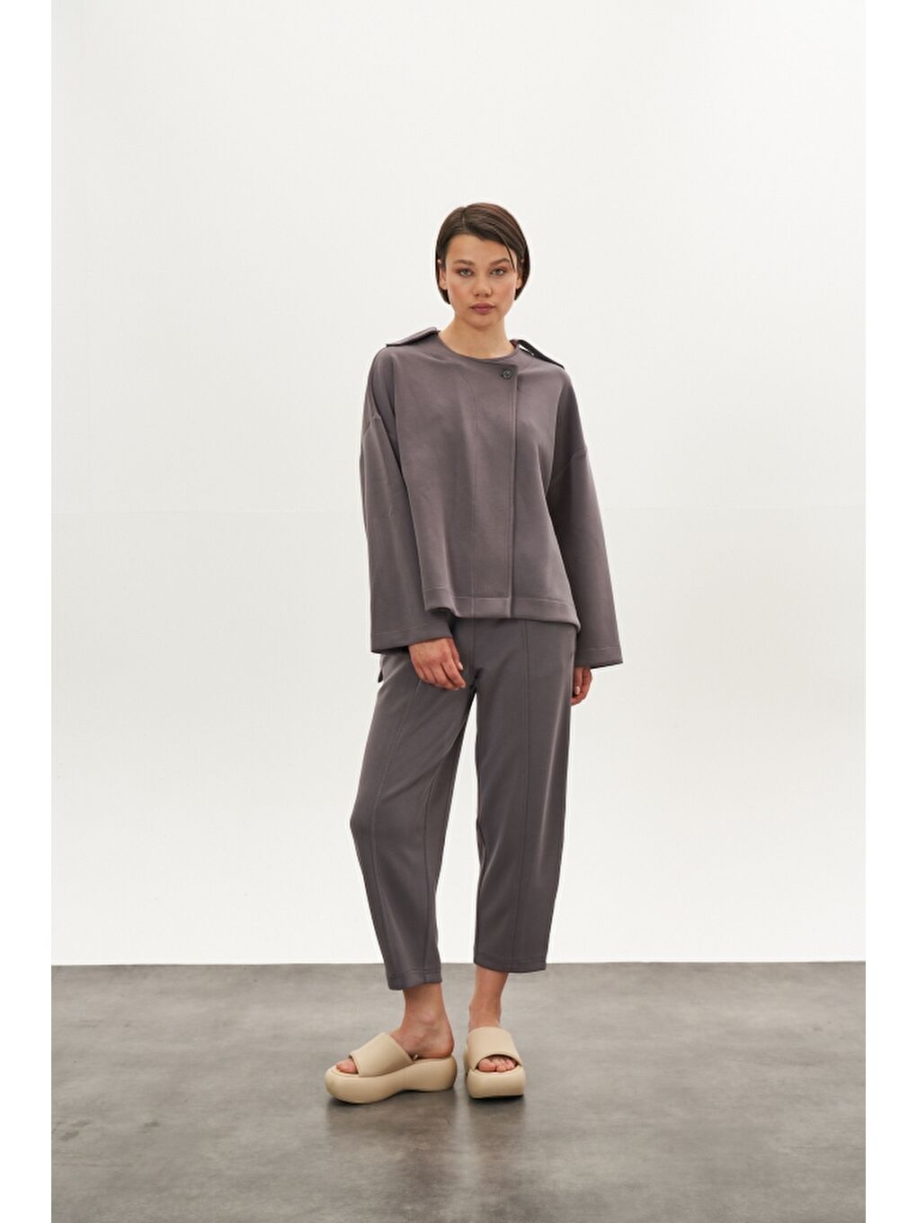 Önü Dikişli Modal Pantolon Ceket Alt Üst Takım Gri-3