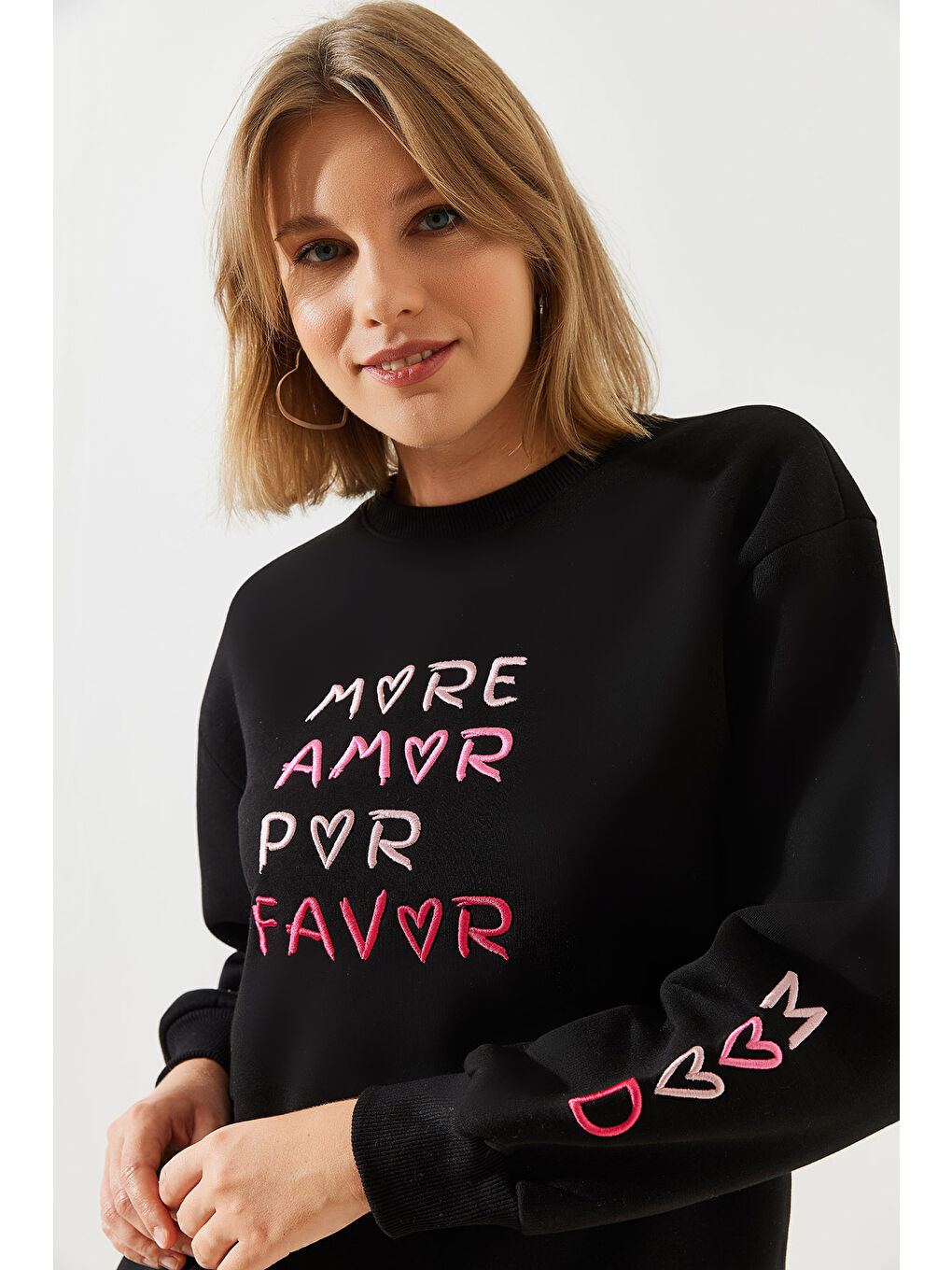 SHADE Siyah Kadın Kalp ve Yazı Nakışlı Sweatshirt