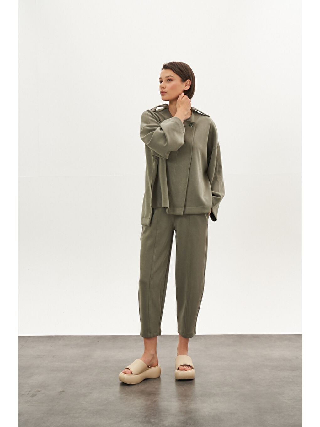 Önü Dikişli Modal Pantolon Ceket Alt Üst Takım Haki-3
