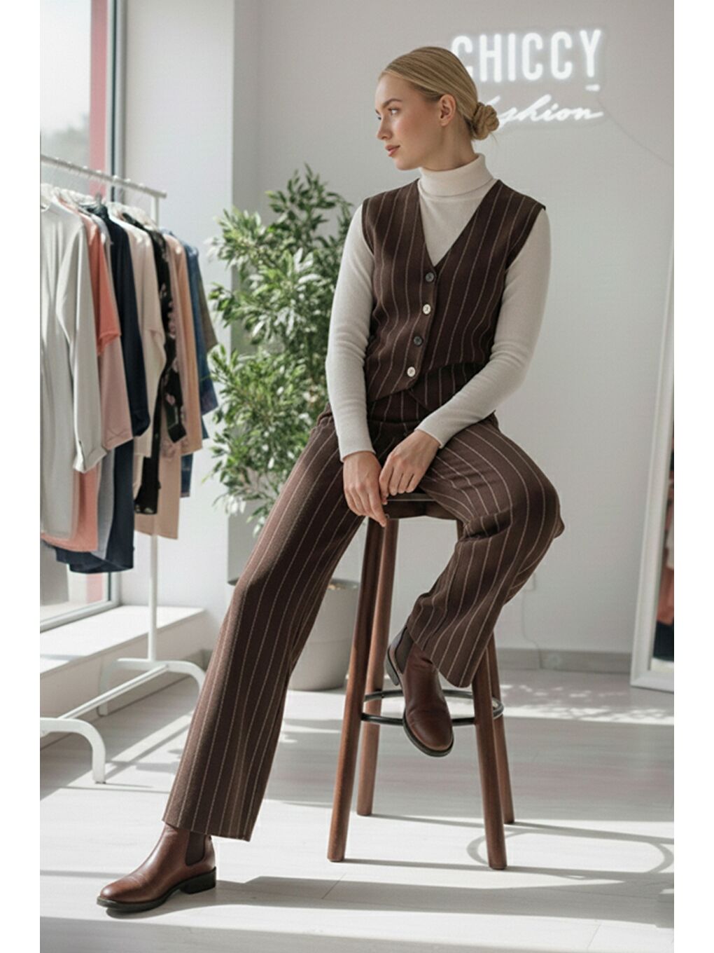 Kahverengi V Yaka Kolsuz Çizgili Lastikli Bel Oversize Triko Yelek Pantolon Takım 55-110 55-55