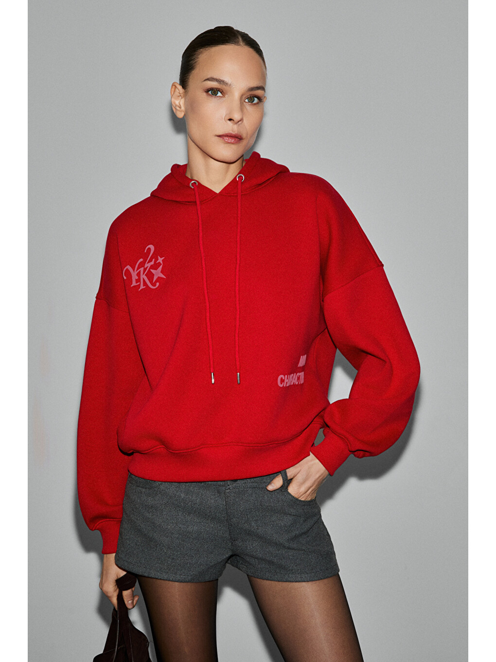 Spectrum Kadın Organik Pamuklu İçi Polarlı Kapüşonlu Baskılı Oversize Kırmızı Sweatshirt-2
