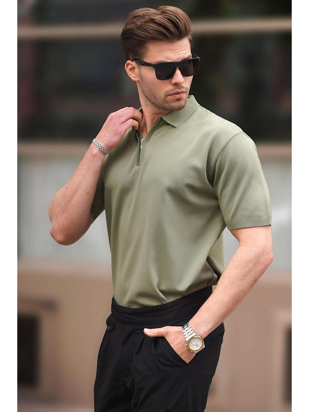 Haki Fermuar Detaylı Polo Yaka Triko Tişört 6885-1