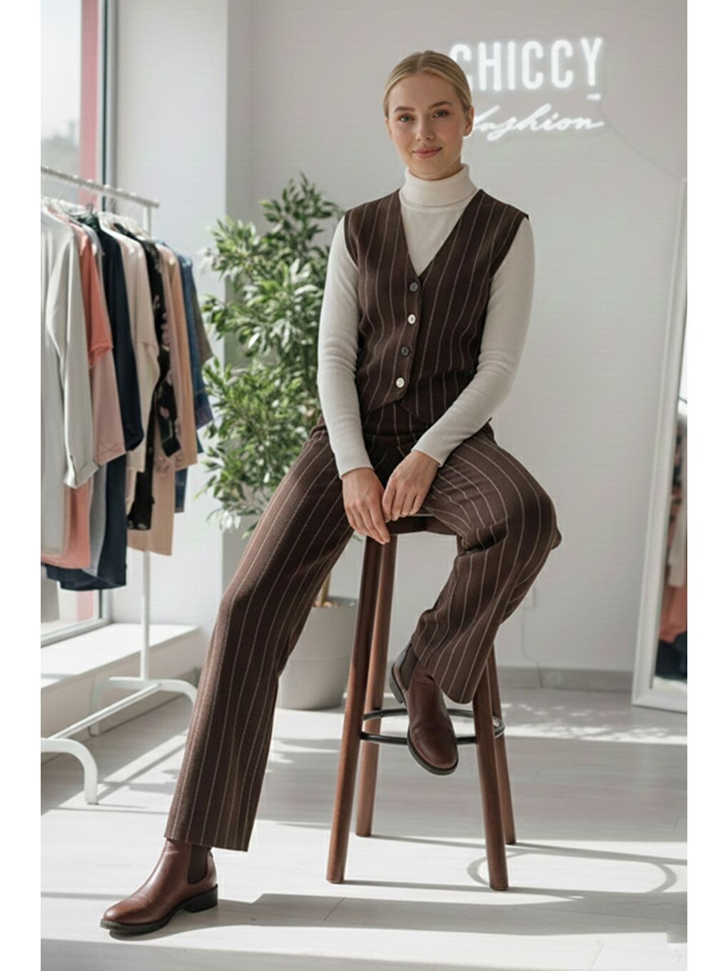 Kahverengi V Yaka Kolsuz Çizgili Lastikli Bel Oversize Triko Yelek Pantolon Takım 55-110 55-55-1