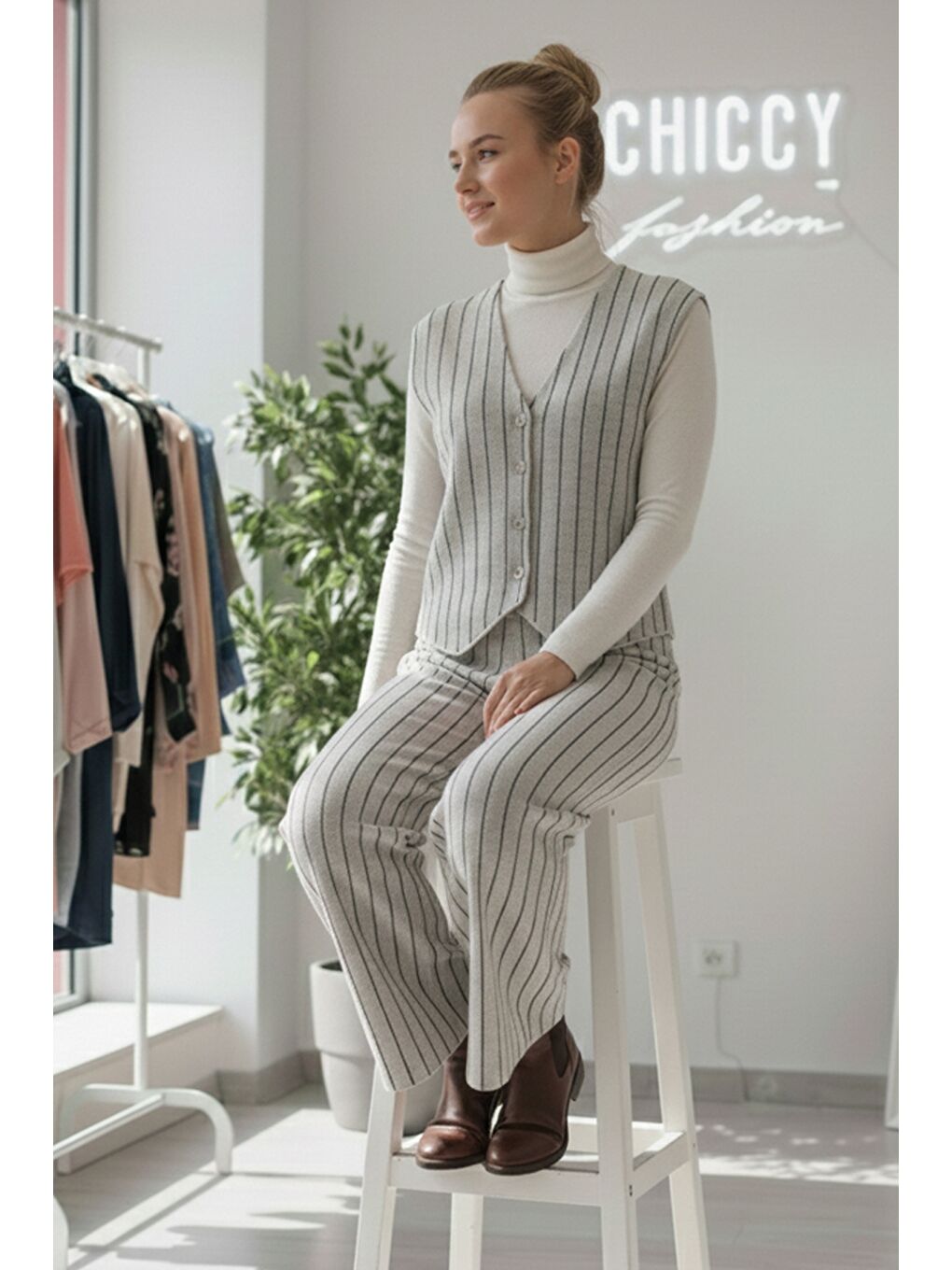 Bej V Yaka Kolsuz Çizgili Lastikli Bel Casual Oversize Triko Yelek Pantolon Takım 55-110 55-55-2