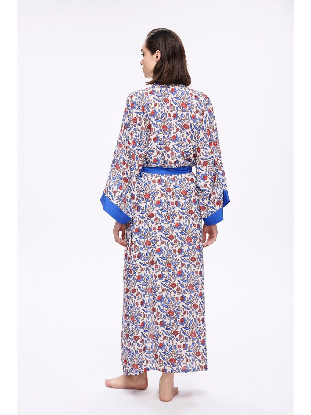 Mavi Çiçek Desenli Uzun Kimono 5049-3