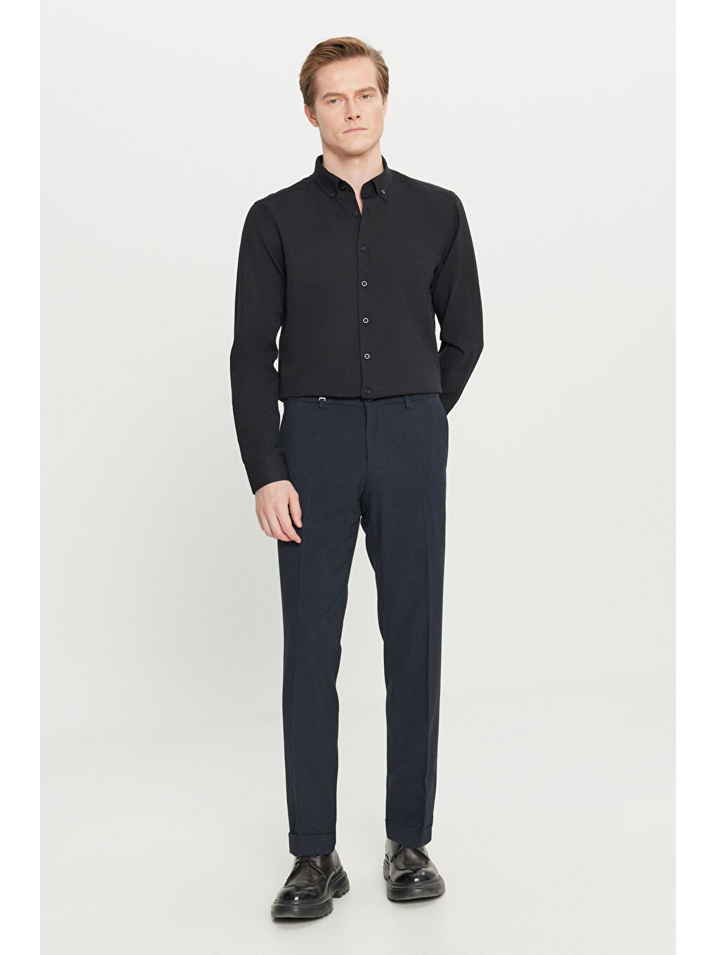 Erkek Lacivert Slim Fit Dar Kesim Gofre Desenli Beli Gizli Lastikli Yan Cep Klasik Pantolon-1