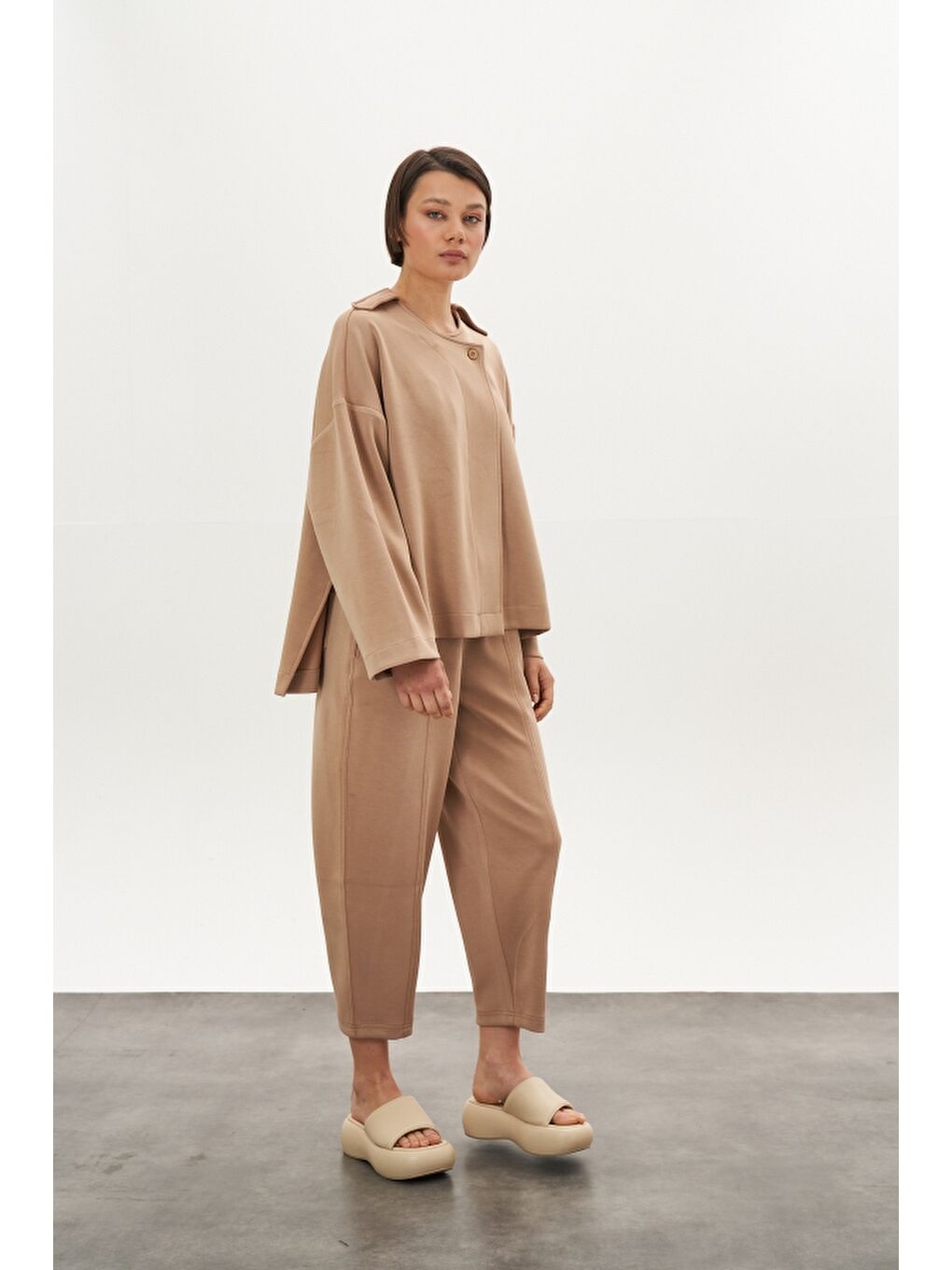 Kahverengi Önü Dikişli Modal Pantolon Ceket Alt Üst Takım Camel-1