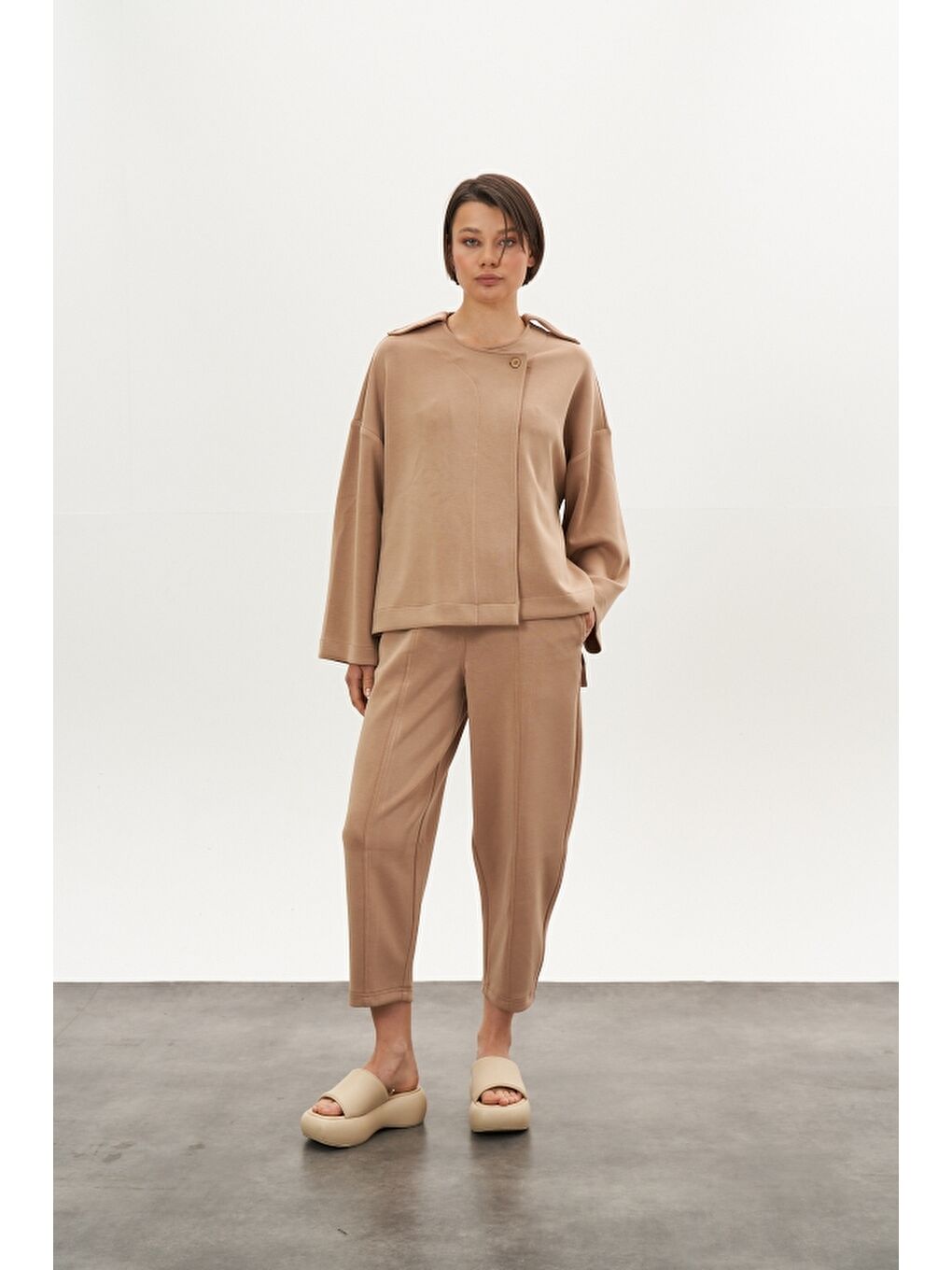 Kahverengi Önü Dikişli Modal Pantolon Ceket Alt Üst Takım Camel-2