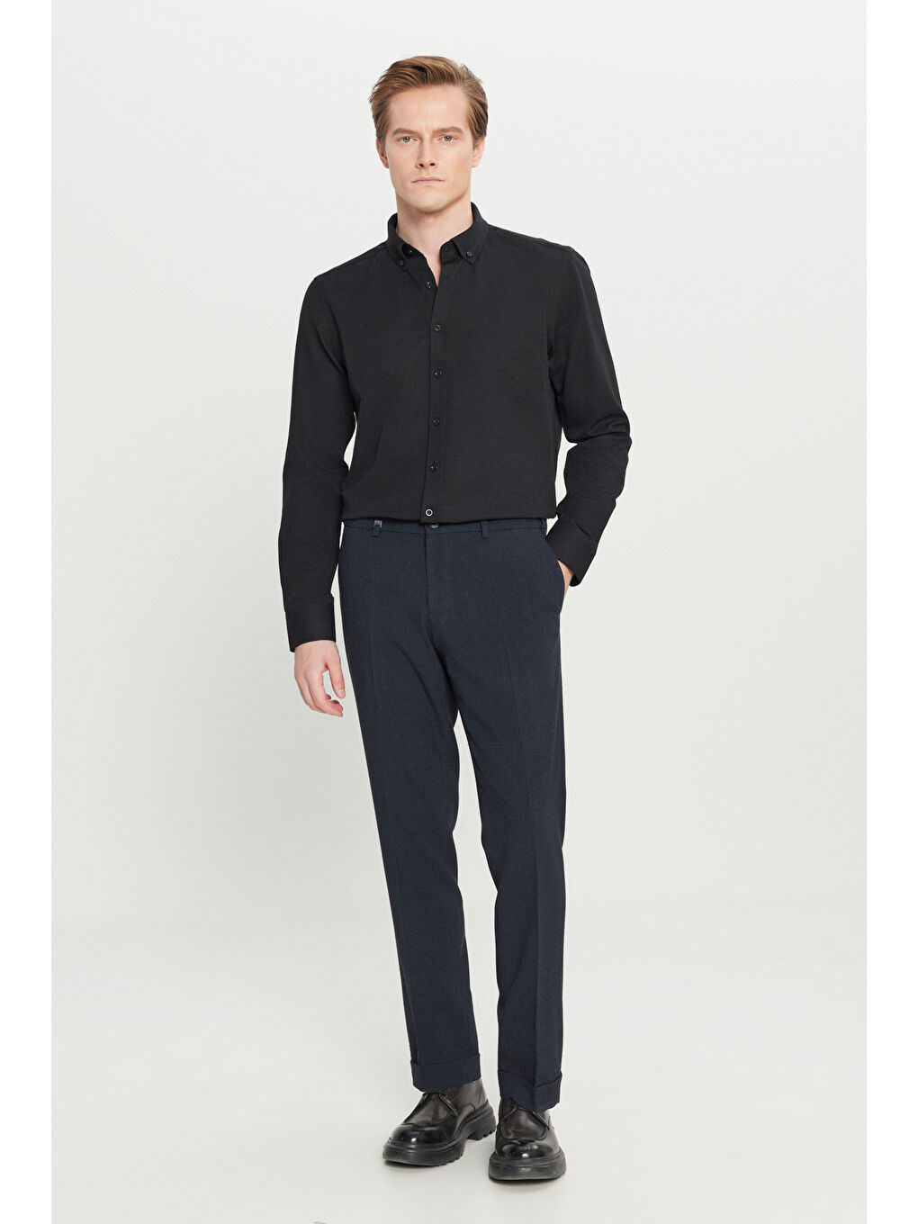 Erkek Lacivert Slim Fit Dar Kesim Gofre Desenli Beli Gizli Lastikli Yan Cep Klasik Pantolon-2