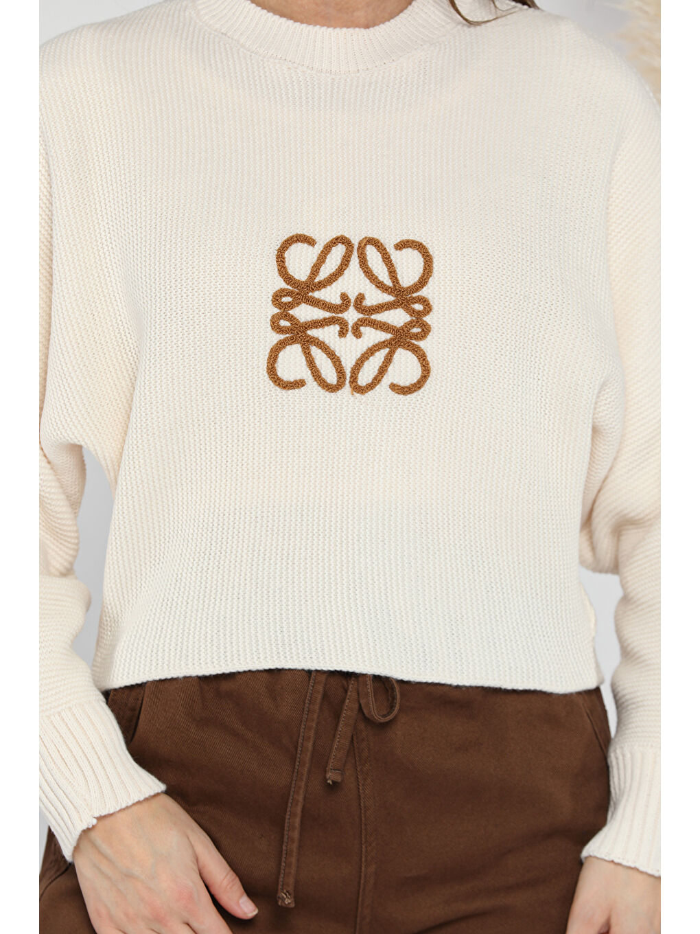 Ekru Kadın Bisiklet Yaka Ön Nakışlı Örme Triko Bluz-2