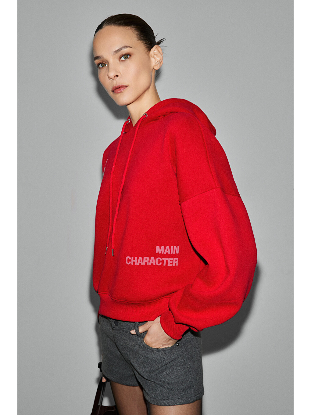 Spectrum Kadın Organik Pamuklu İçi Polarlı Kapüşonlu Baskılı Oversize Kırmızı Sweatshirt-3
