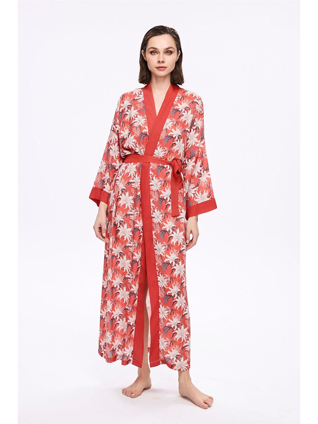 Nar Çiçeği Kırmızı Çiçek Desenli Uzun Kimono 5040