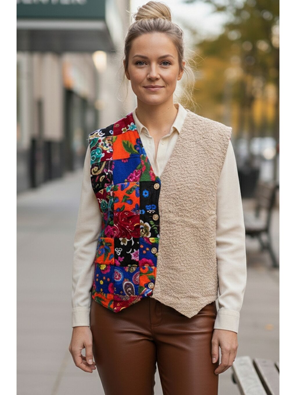 Bej V Yaka Kolsuz Patchwork Baskılı Düğmeli Casual Dokuma Yelek 65 58