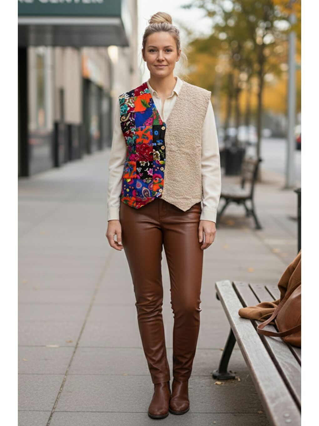 Bej V Yaka Kolsuz Patchwork Baskılı Düğmeli Casual Dokuma Yelek 65 58-1