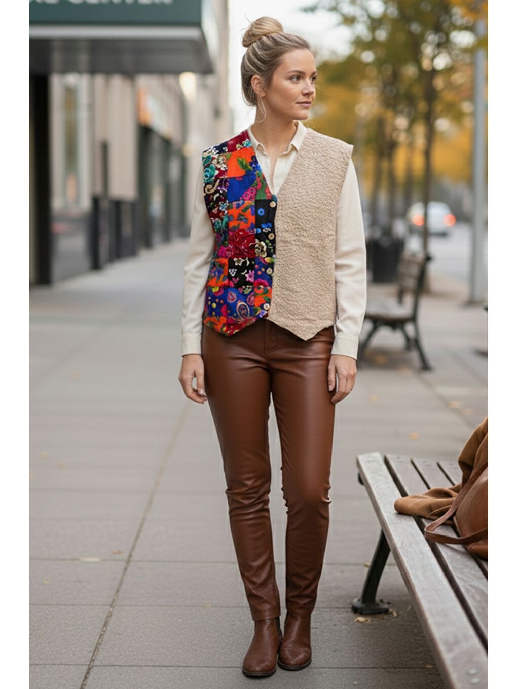 Bej V Yaka Kolsuz Patchwork Baskılı Düğmeli Casual Dokuma Yelek 65 58-2