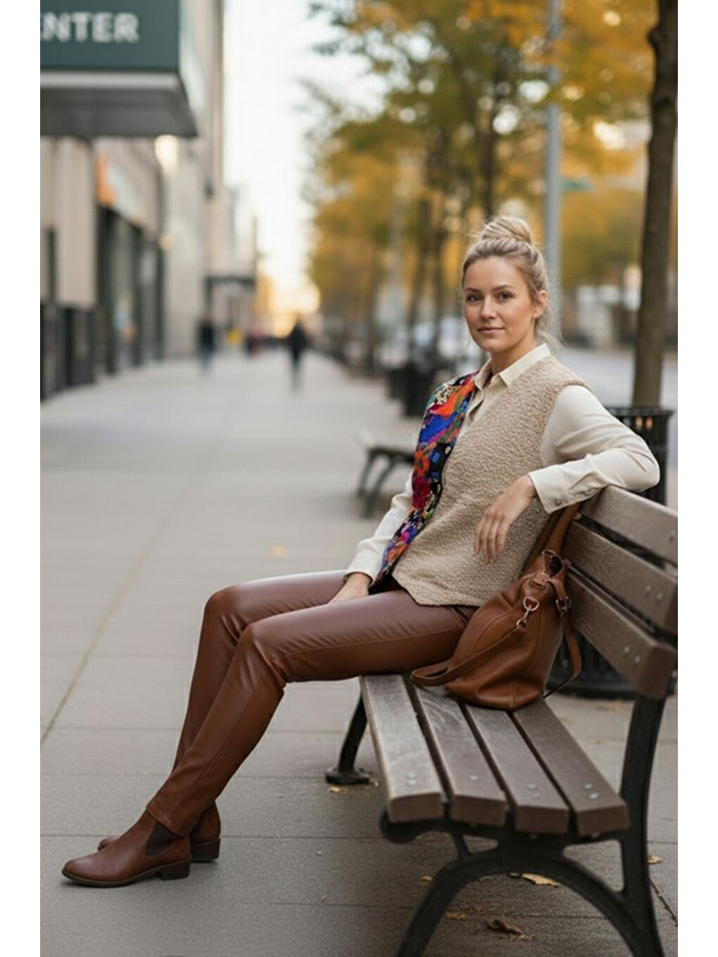 Bej V Yaka Kolsuz Patchwork Baskılı Düğmeli Casual Dokuma Yelek 65 58-3