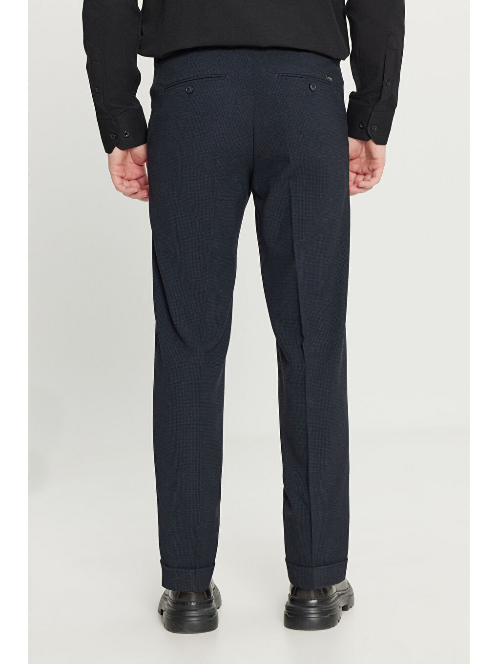 Erkek Lacivert Slim Fit Dar Kesim Gofre Desenli Beli Gizli Lastikli Yan Cep Klasik Pantolon-4