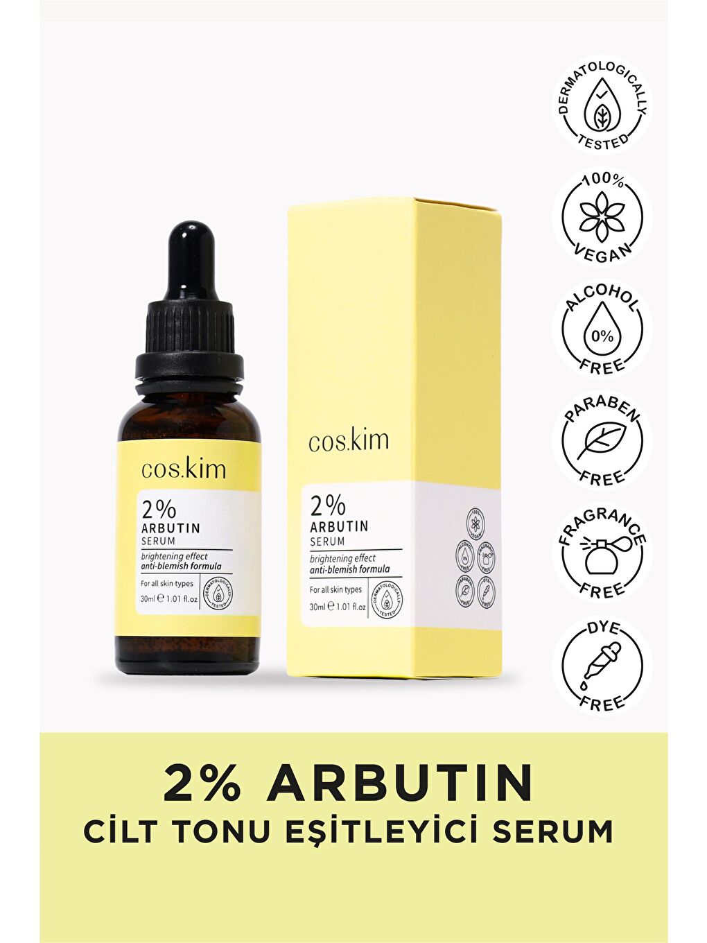 cos.kim Renksiz %2 Arbutin Cilt Tonu Eşitleyici Ve Aydınlatıcı Cilt Bakım Serumu 30ml