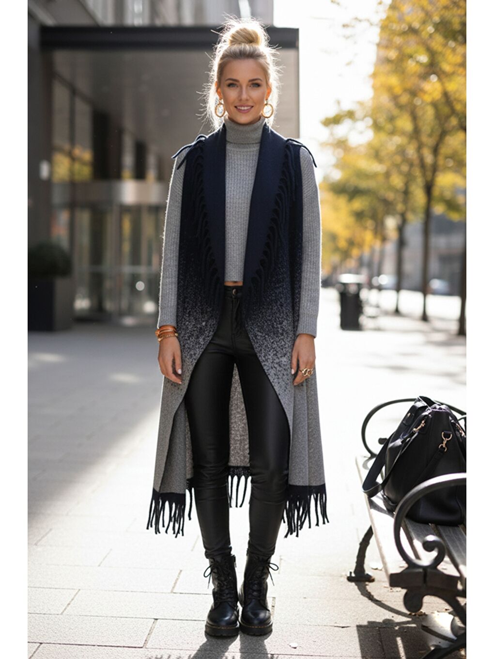 İtalyan Lacivert Şal Yaka Kolsuz Püsküllü Casual Uzun Triko Yelek 125 65