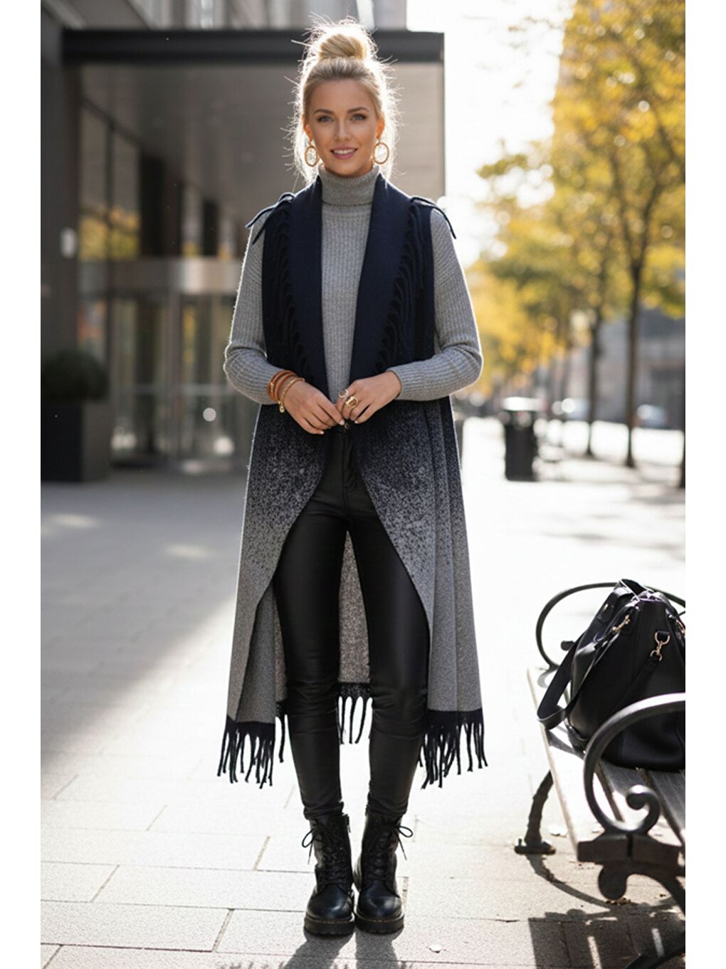 İtalyan Lacivert Şal Yaka Kolsuz Püsküllü Casual Uzun Triko Yelek 125 65-1