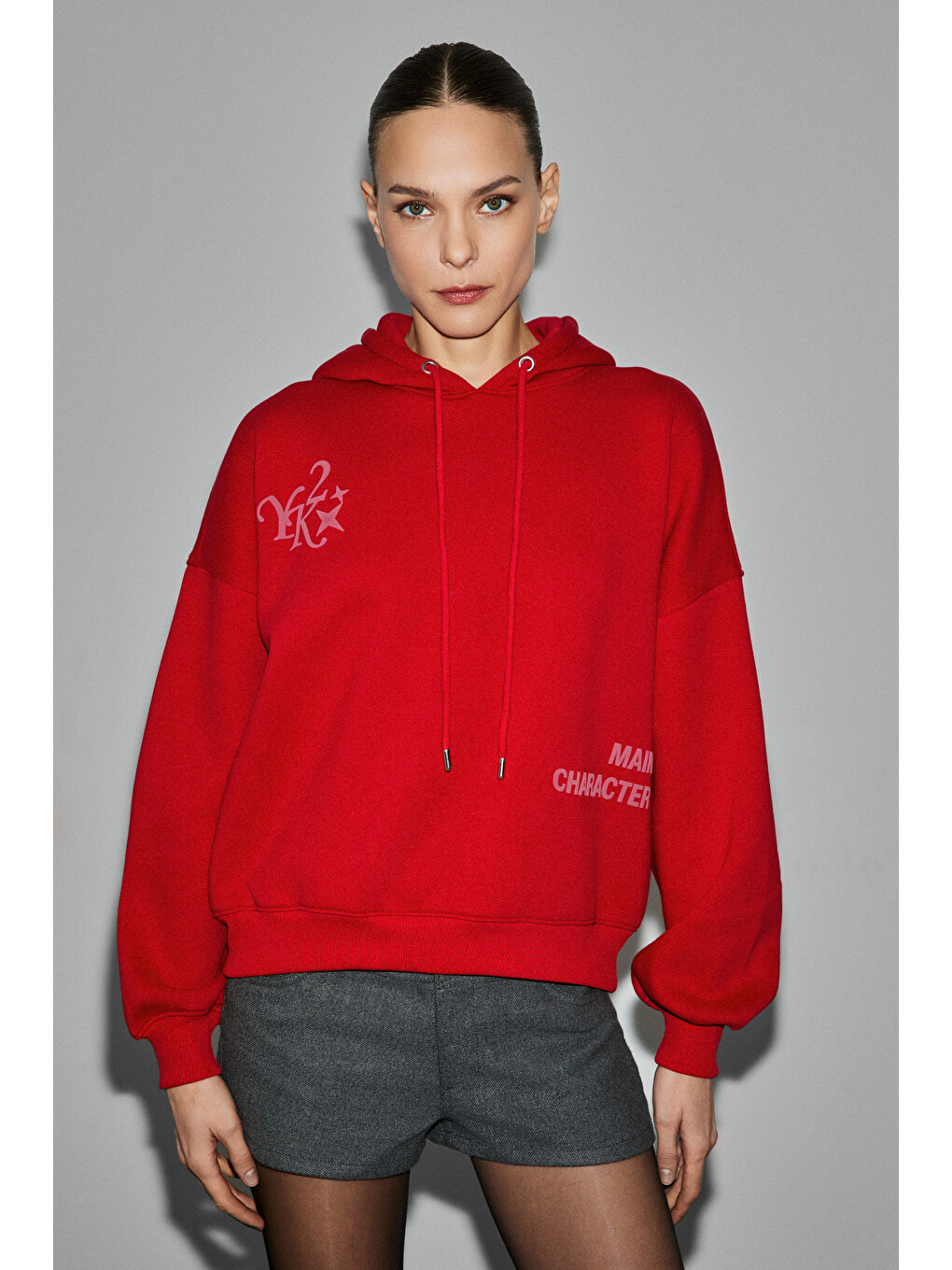 Spectrum Kadın Organik Pamuklu İçi Polarlı Kapüşonlu Baskılı Oversize Kırmızı Sweatshirt-4