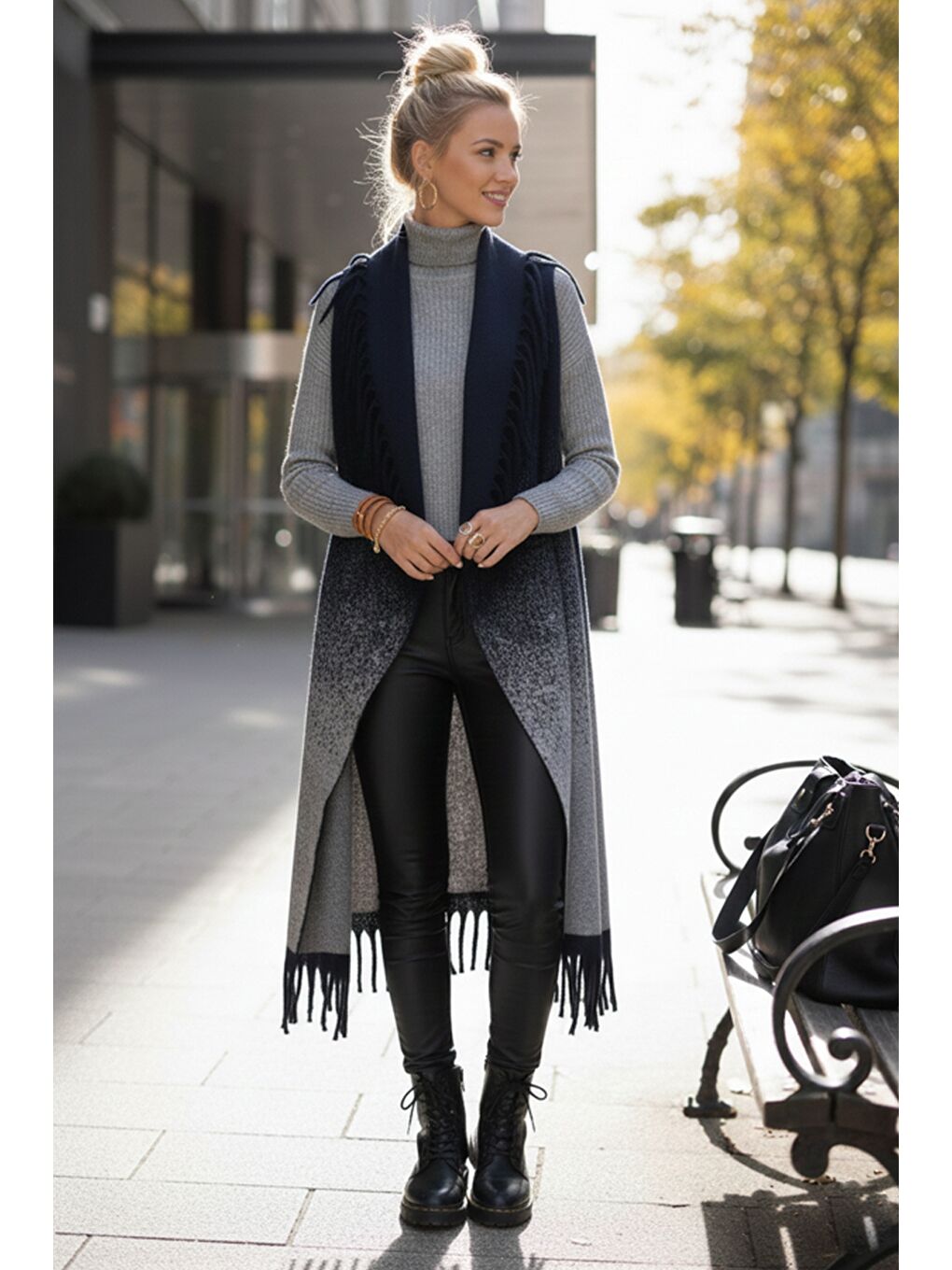 İtalyan Lacivert Şal Yaka Kolsuz Püsküllü Casual Uzun Triko Yelek 125 65-2