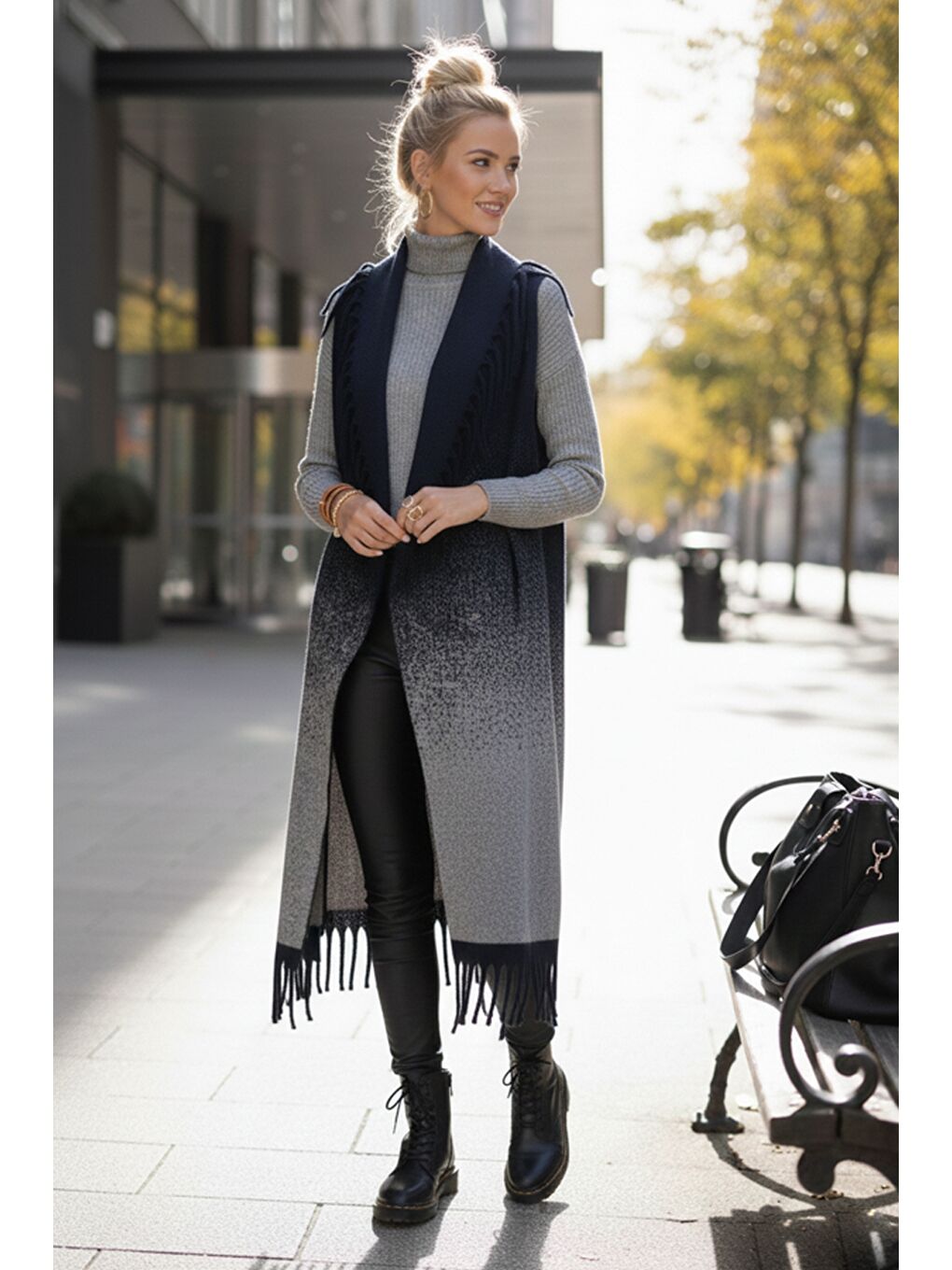 İtalyan Lacivert Şal Yaka Kolsuz Püsküllü Casual Uzun Triko Yelek 125 65-3