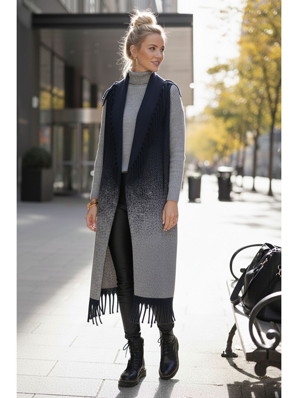 İtalyan Lacivert Şal Yaka Kolsuz Püsküllü Casual Uzun Triko Yelek 125 65-4