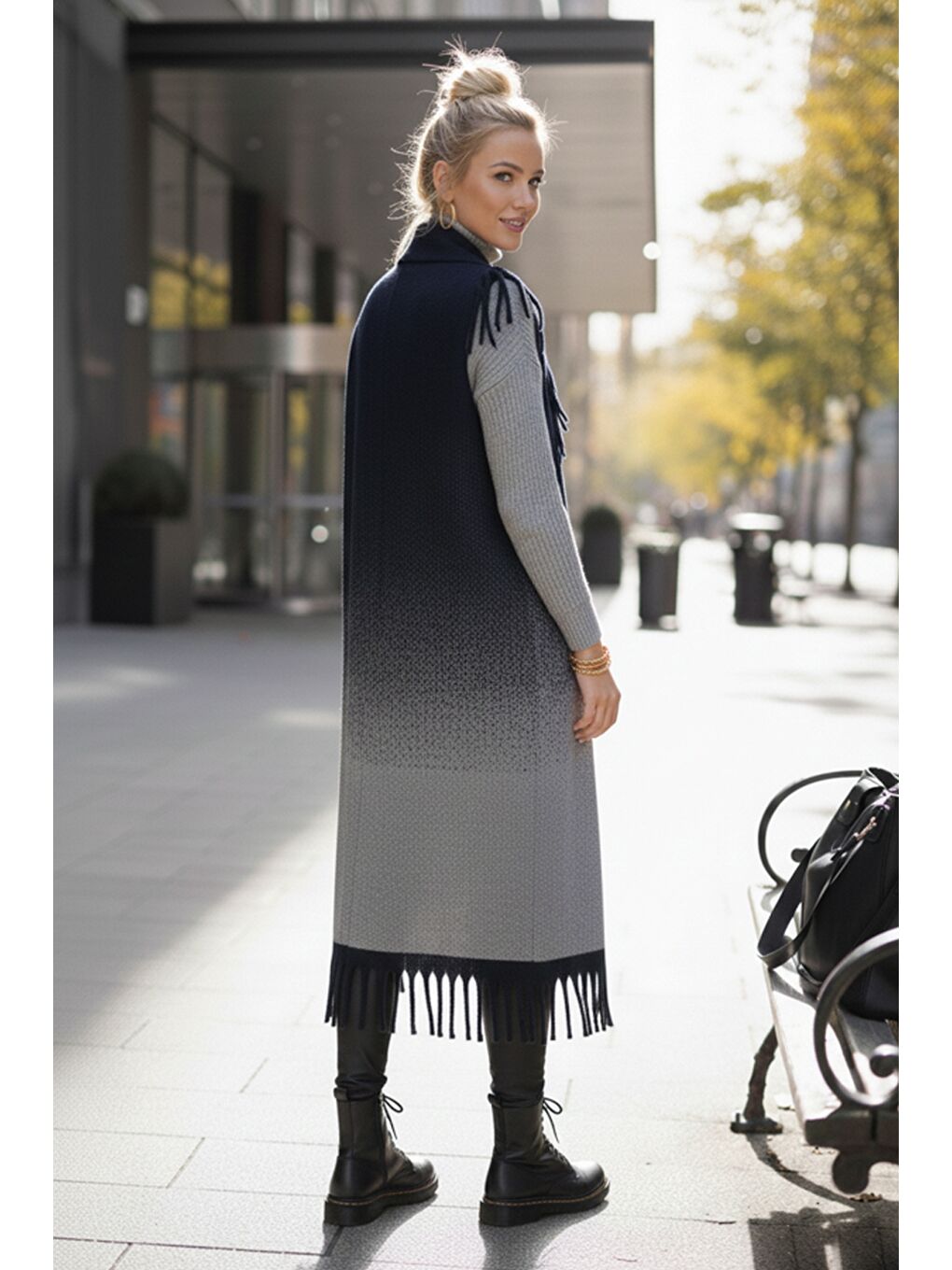 İtalyan Lacivert Şal Yaka Kolsuz Püsküllü Casual Uzun Triko Yelek 125 65-5