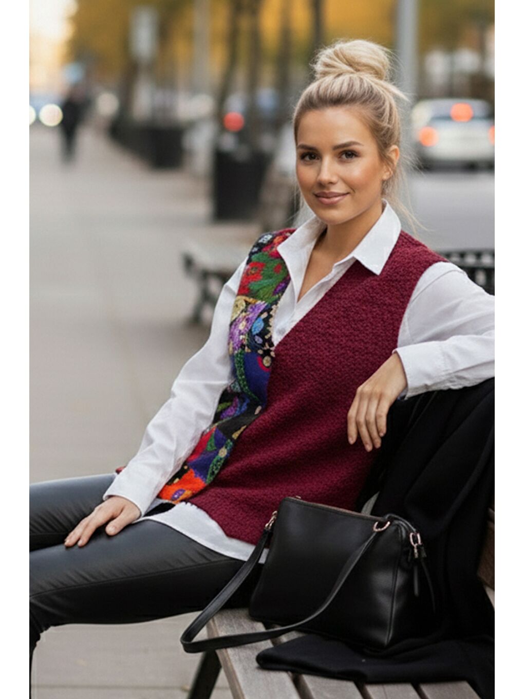 Bordo V Yaka Kolsuz Patchwork Baskılı Düğmeli Casual Dokuma Yelek 65 58-1