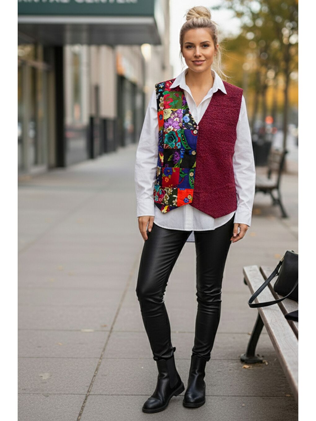 Bordo V Yaka Kolsuz Patchwork Baskılı Düğmeli Casual Dokuma Yelek 65 58-2