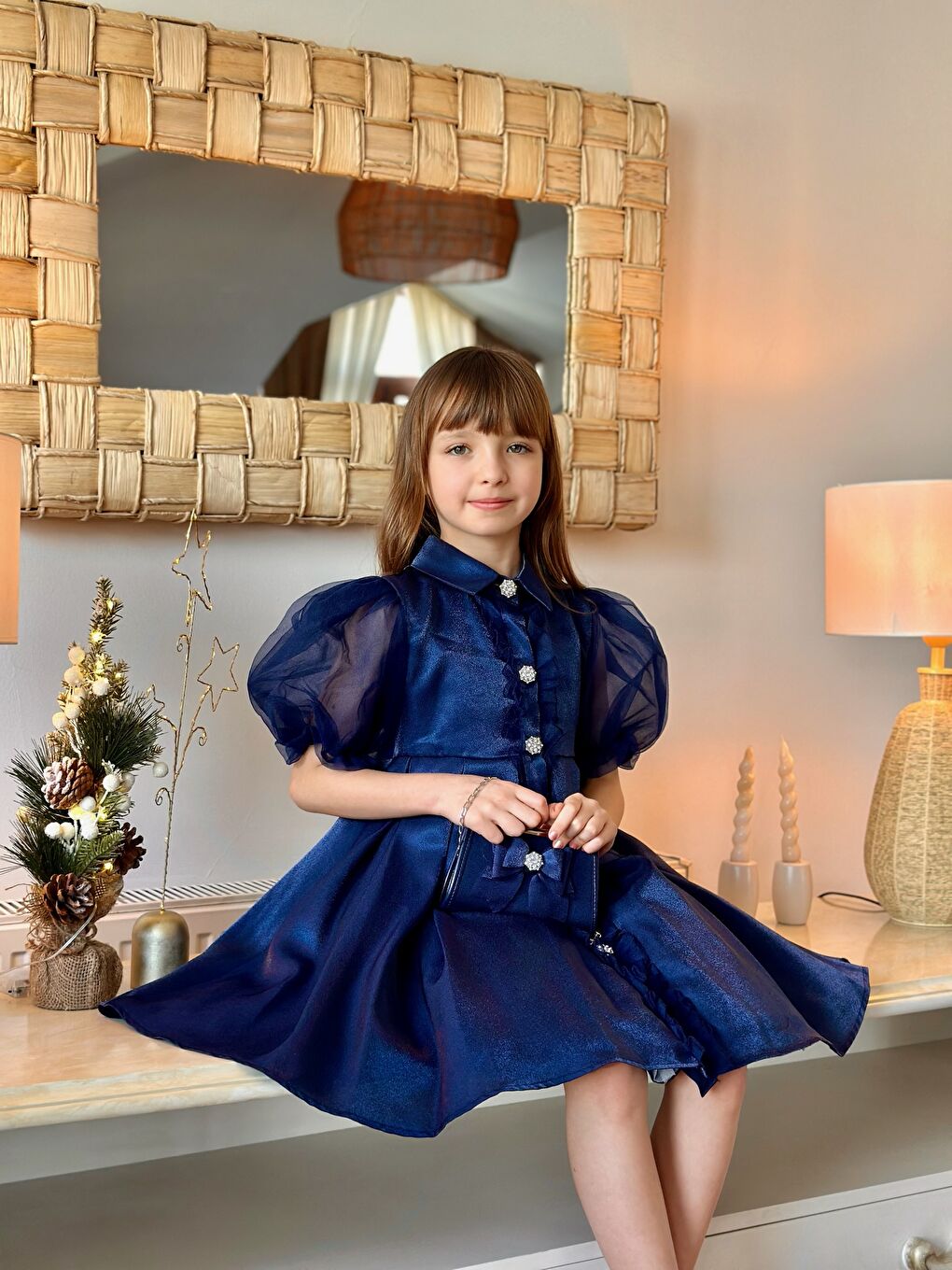 Lacivert Kız Çocuk Özel Kısa Abiye Elbise Düğmeli Özel Tasarım Çanta Aksesuarlı_M2446-1