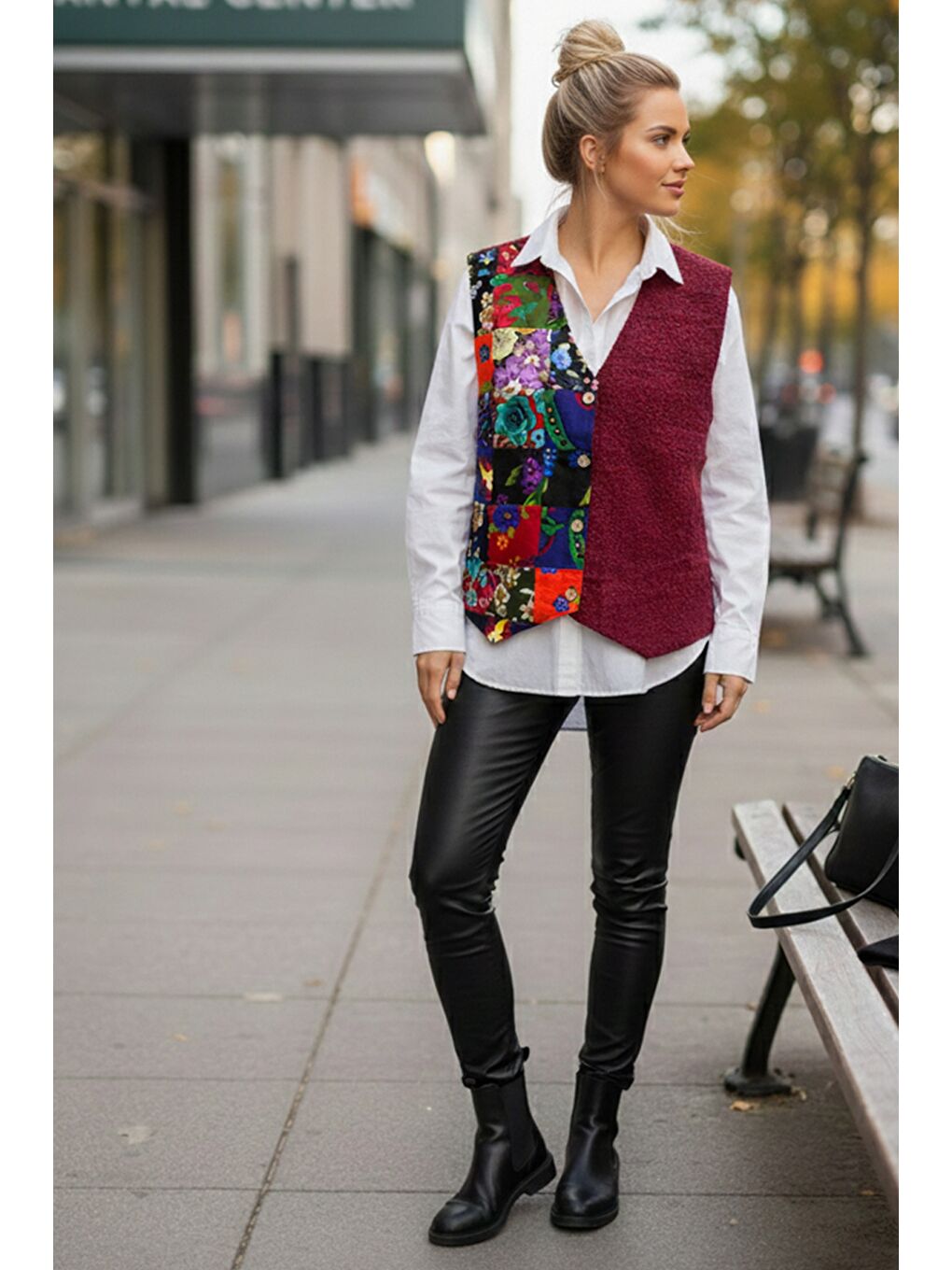 Bordo V Yaka Kolsuz Patchwork Baskılı Düğmeli Casual Dokuma Yelek 65 58-3