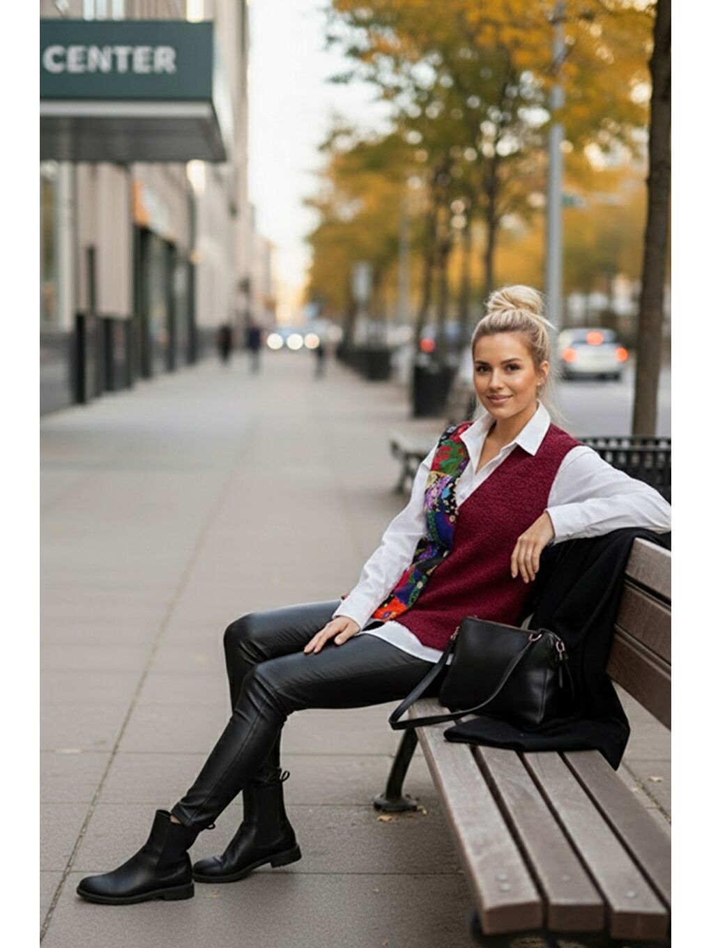 Bordo V Yaka Kolsuz Patchwork Baskılı Düğmeli Casual Dokuma Yelek 65 58-4