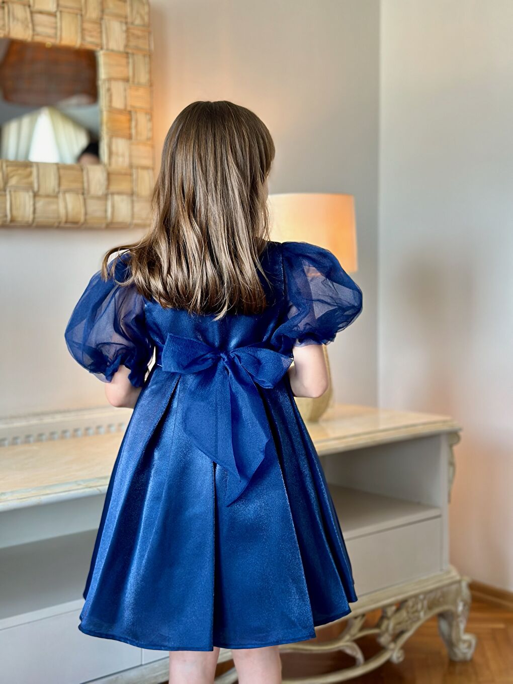 Lacivert Kız Çocuk Özel Kısa Abiye Elbise Düğmeli Özel Tasarım Çanta Aksesuarlı_M2446-3