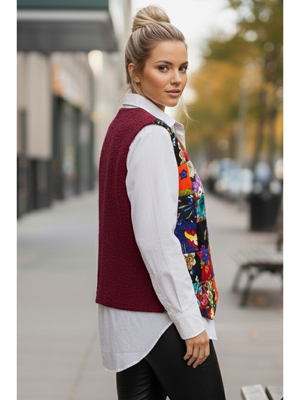 Bordo V Yaka Kolsuz Patchwork Baskılı Düğmeli Casual Dokuma Yelek 65 58-5