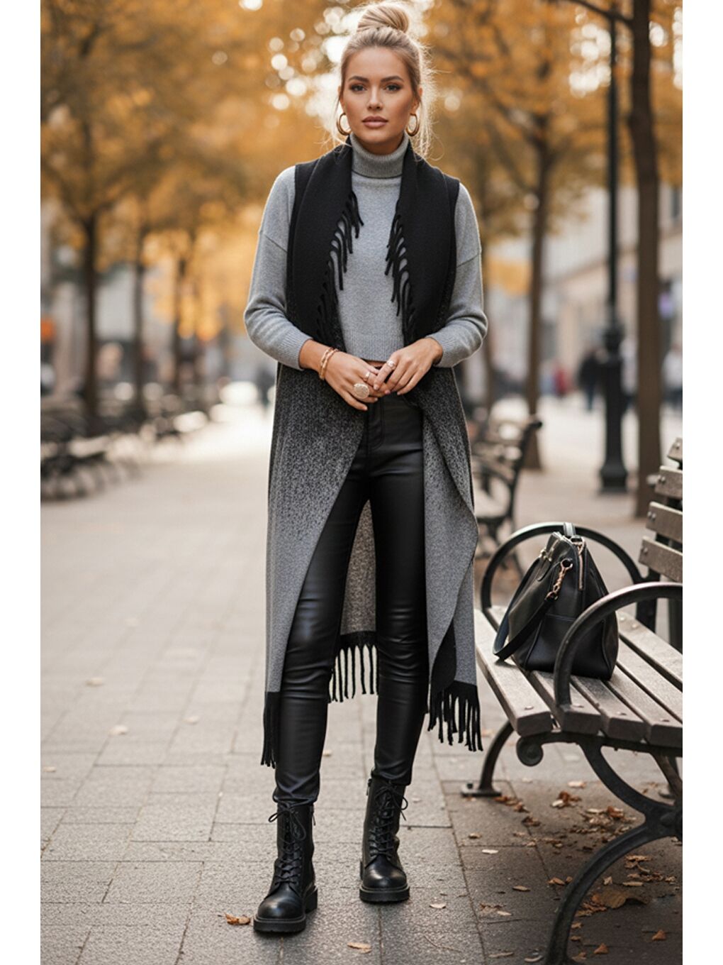 İtalyan Gri-Siyah Şal Yaka Kolsuz Püsküllü Casual Uzun Triko Yelek 125 65-1